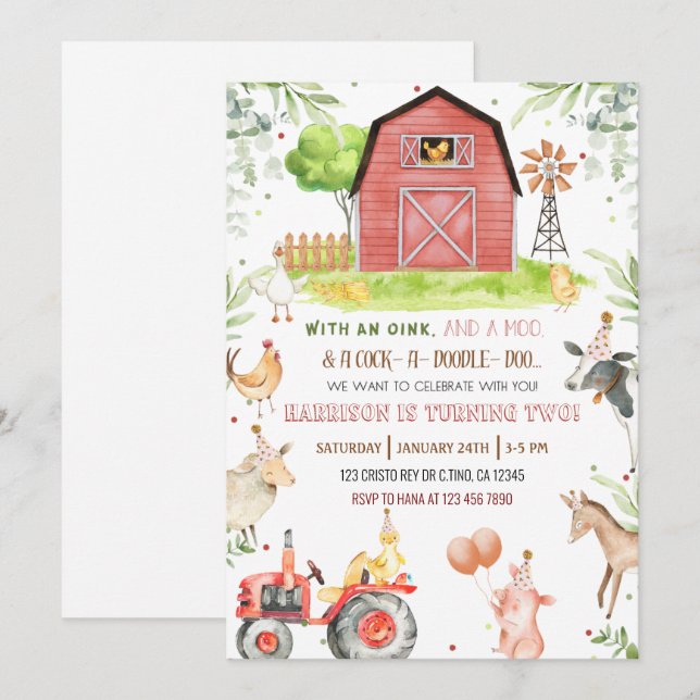 Invitación Granja de animales Niño Inversión de cumpleaños (Anverso / Reverso)