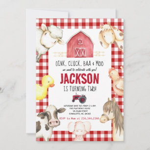 Invitación Granja de animales Niño Red Gingham Barnyard Cumpl