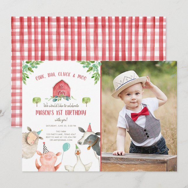 Invitación Granja de animales Niño Red Gingham Barnyard Cumpl (Anverso / Reverso)