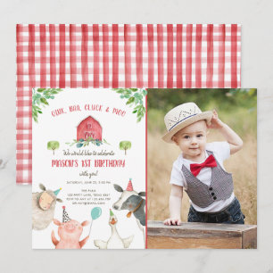 Invitación Granja de animales Niño Red Gingham Barnyard Cumpl