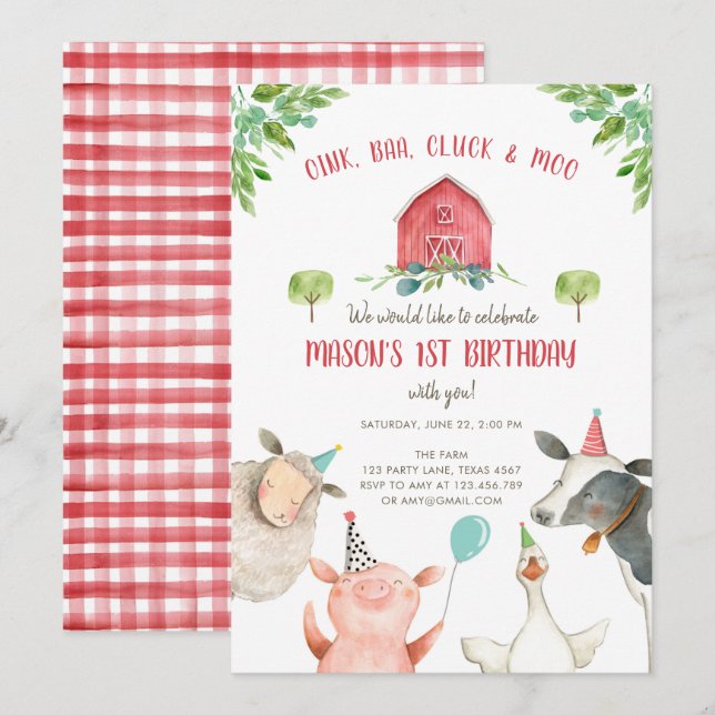 Invitación Granja de animales Niño Red Gingham Barnyard Cumpl (Anverso / Reverso)
