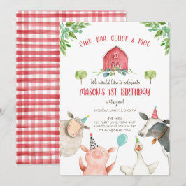 Invitación Granja de animales Niño Red Gingham Barnyard Cumpl
