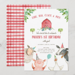 Invitación Granja de animales Niño Red Gingham Barnyard Cumpl