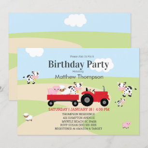 Invitación Granja de animales Red Tractor Boys Fiesta de cump
