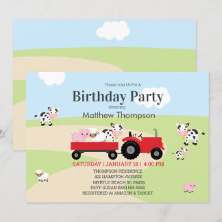 Invitación Granja de animales Red Tractor Boys Fiesta de cump