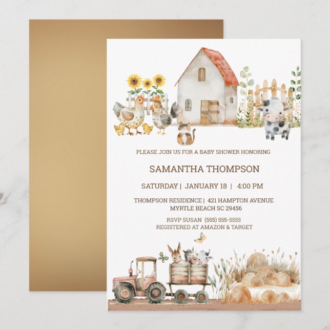 Invitación Granja de animales Tractor Boys Baby Shower (Anverso / Reverso)