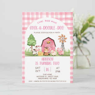 Invitación Granja de arca rosada Oink Baa Moo Segundo cumplea