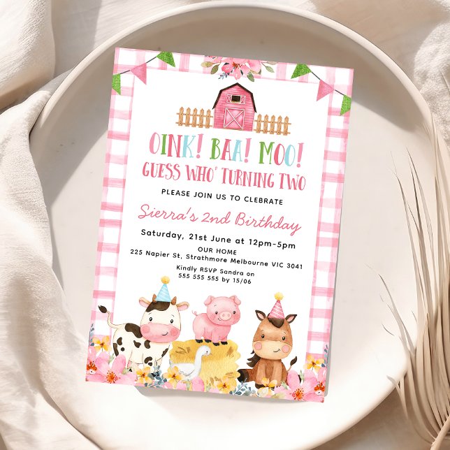 Invitación Granja de Bunting Floral Rosa 2º cumpleaños (Pink Gingham Girls Oink Baa Moo 2nd Birthday Invitation, Farm Second Birthday Invite For Girl, )