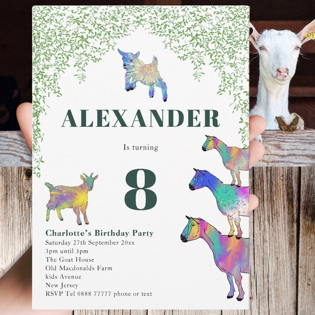 Invitación Granja de cabras Animal 8Fiesta de cumpleaños (Goats cute farm animal 8th birthday party invitation fun Colorful watercolor goat art)