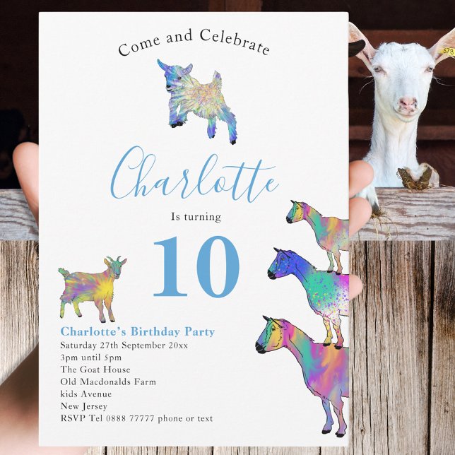 Invitación Granja de cabras Animal Fiesta de cumpleaños 10 Az (Cute goats colorful farm animal art watercolor 10th birthday party invitation )