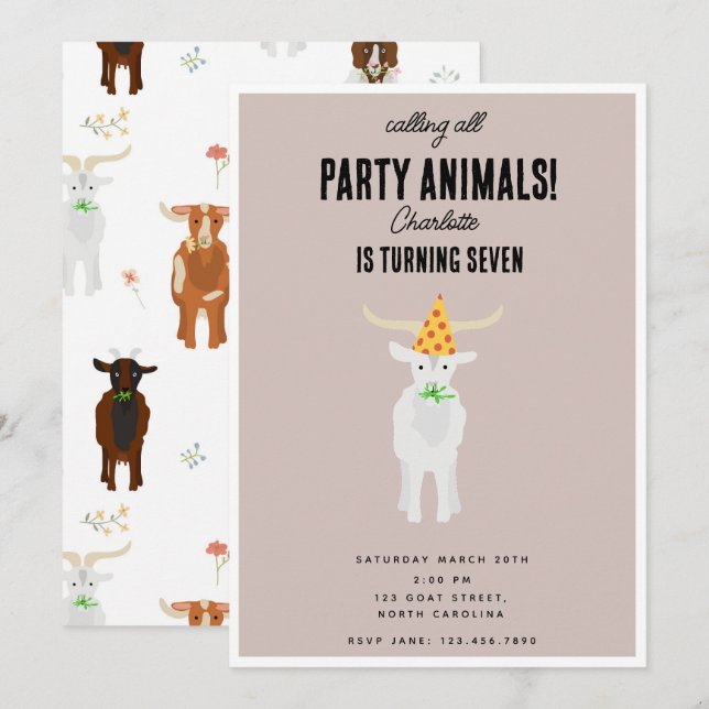 Invitación Granja de Cabras Lindas Animales de Fiesta Tema de (Anverso / Reverso)
