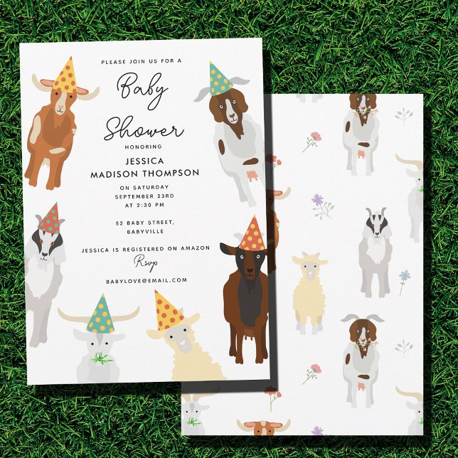Invitación Granja de cabras lindas, fiesta de animales, baby  (Cute Goats Farm Party Animals Goat Baby Shower Invitation)
