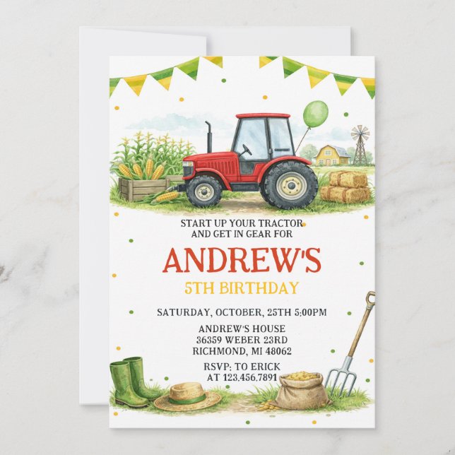 Invitación Granja de Cumpleaños con Tractor Personalizado (Anverso)