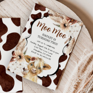 Invitación Granja de cumpleaños de Boho Highland Cow