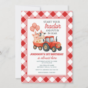 Invitación Granja de cumpleaños del Tractor Rojo 1er año