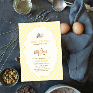 Invitación Granja de gingham amarillo, Baby Shower de pollito