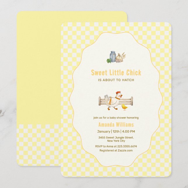 Invitación Granja de gingham amarillo, Baby Shower de pollito (Anverso / Reverso)