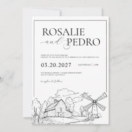 Invitación Granja de granero arte de línea boda elegante rúst