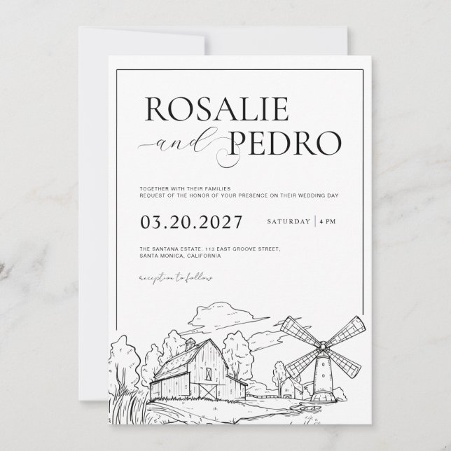 Invitación Granja de granero arte de línea boda elegante rúst (Anverso)