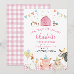 Invitación Granja de granjas rosadas Animales Barnyard Chica