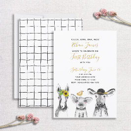 Invitación Granja de guión amarillo blanco negro primer Fiest