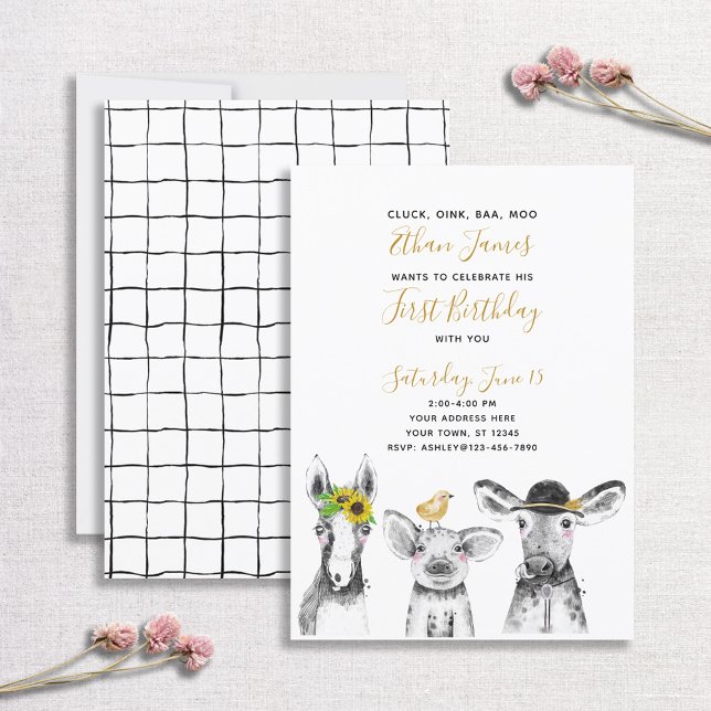 Invitación Granja de guión amarillo blanco negro primer Fiest (Subido por el creador)