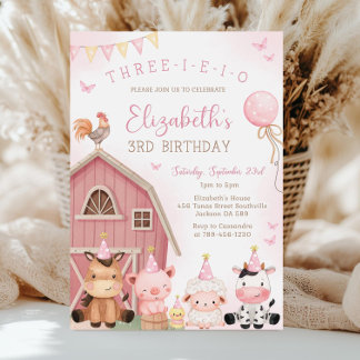 Invitación Granja de la Niña del Granero Rosa Animal Tres-I-E