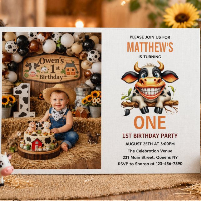 Invitación Granja de la Vaca Loca Lindo Tema de Cumpleaños nú (Cute Crazy Cow Farm Theme 1st Birthday Invitation
)