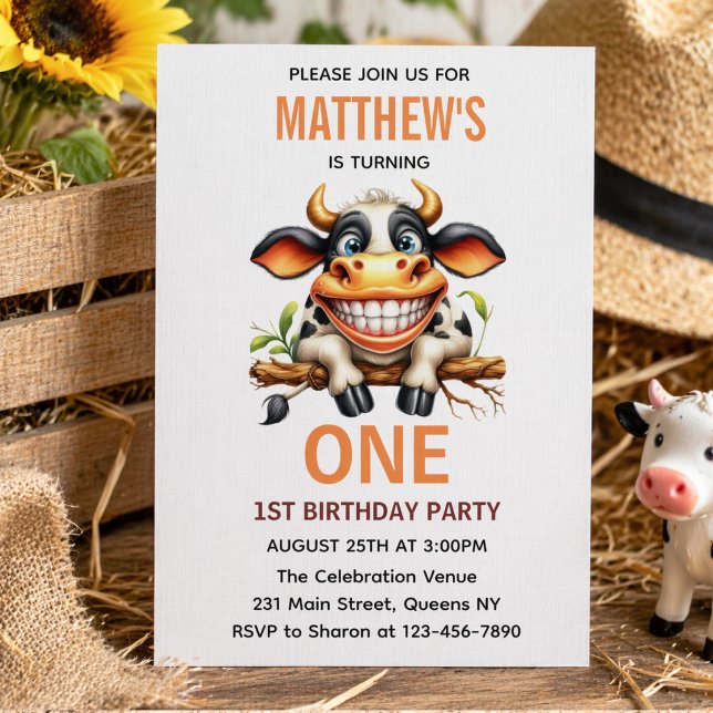 Invitación Granja de la Vaca Loca Lindo Tema de Cumpleaños nú (Cute Crazy Cow Farm Theme 1st Birthday Invitation
)