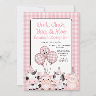 Invitación Granja de Oink, Cluck, Baa y Moo Cumpleaños Pink G