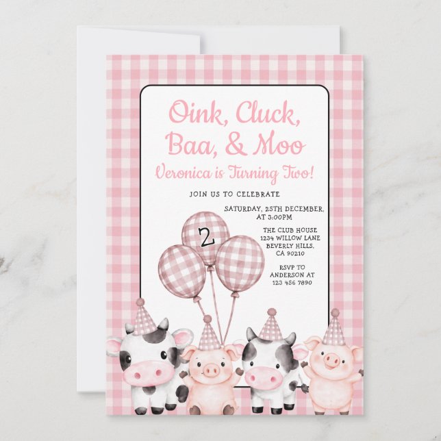 Invitación Granja de Oink, Cluck, Baa y Moo Cumpleaños Pink G (Anverso)