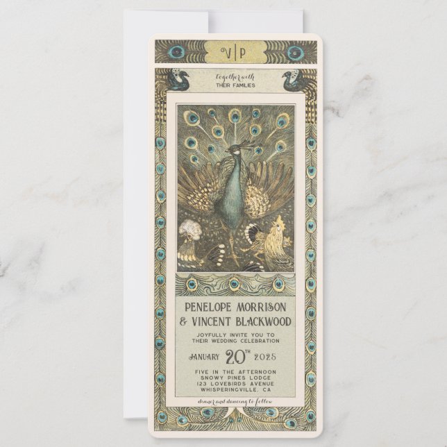 Invitación Granja de pavo real vintage - Boda (Anverso)