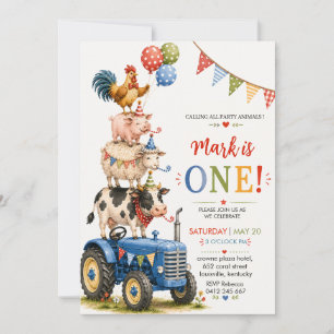 Invitación Granja de Tractor Azul Cumpleaños de Animales Prim