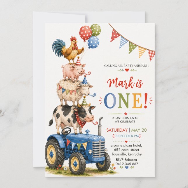 Invitación Granja de Tractor Azul Cumpleaños de Animales Prim (Anverso)