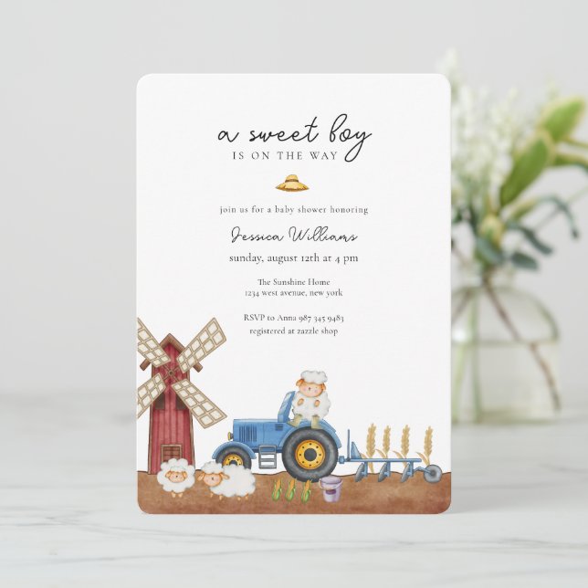 Invitación Granja de Tractor Azul Cumpleaños de Oveja Animale (Anverso de pie)