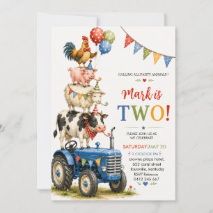 Invitación Granja de Tractor Azul Segundo Cumpleaños