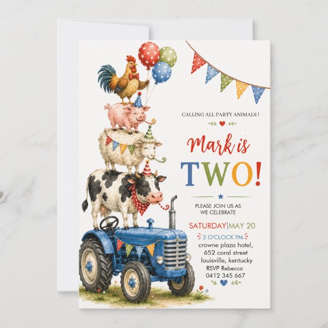 Invitación Granja de Tractor Azul Segundo Cumpleaños (Anverso)
