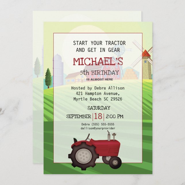 Invitación Granja de Tractor Rojo 5ª fiesta de cumpleaños (Anverso / Reverso)