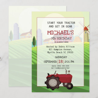 Invitación Granja de Tractor Rojo 5ª fiesta de cumpleaños