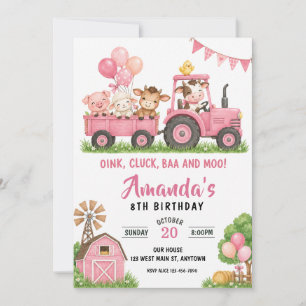 Invitación Granja de Tractor Rosa Cumpleaños Animales de Corr