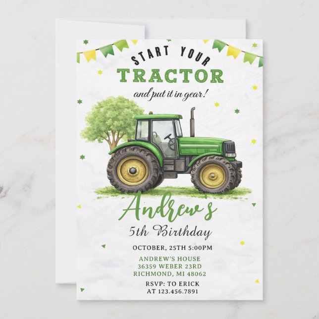 Invitación Granja de Tractor Verde de Cumpleaños Personalizad (Anverso)