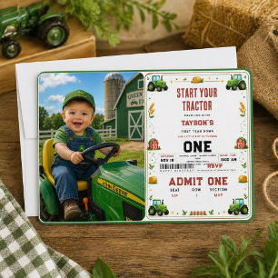 Invitación Granja de Tractor Verde Rústico Cumpleaños 1st