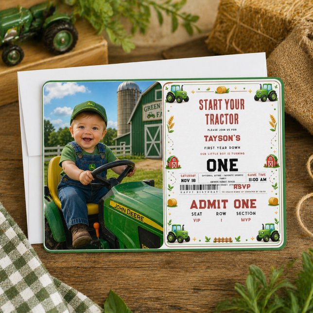 Invitación Granja de Tractor Verde Rústico Cumpleaños 1st (Rustic Green Tractor Farm 1st birthday Invitation
)