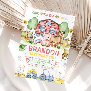 Invitación Granja de tractores Animales Oink Baa Moo 1er cump