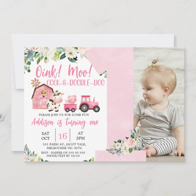 Invitación Granja de Tractores de Barrera Floral Rosa 1er cum (Anverso)