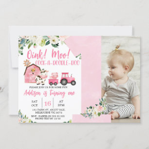 Invitación Granja de Tractores de Barrera Floral Rosa 1er cum