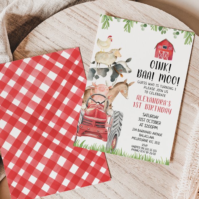 Invitación Granja de Tractores Rojos Animales Oink Baa Moo 1e (Cute red tractor and farm animals first birthday invitation featuring some cute farmyard animals.)