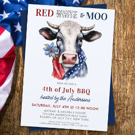 Invitación Granja De Vaca Patriótica Moo Blanco Rojo 4 De Jul