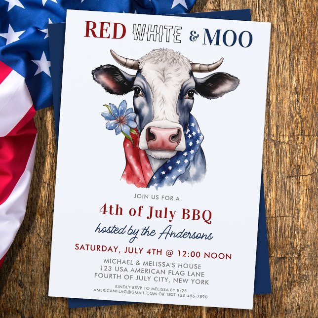 Invitación Granja De Vaca Patriótica Moo Blanco Rojo 4 De Jul (Subido por el creador)