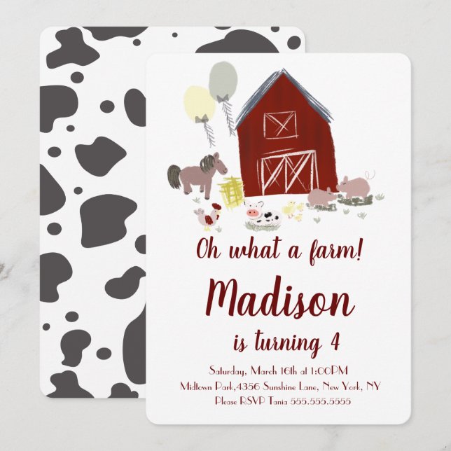 Invitación Granja de Vacas Cumpleaños de la Niña (Anverso / Reverso)